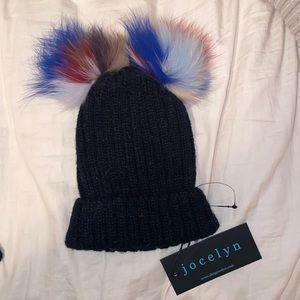 Jocelyn NWT kids Black Beanie hat with multi color Faux Fur Poms